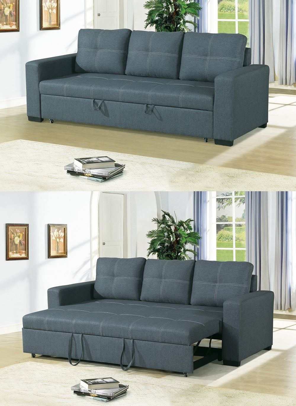 English Elm Sofa Convertible Pull-Out Bed in Blue Grey Polyfiber - Squared Stitching, Pocket Coil Comfort, 85" HS00-F6532