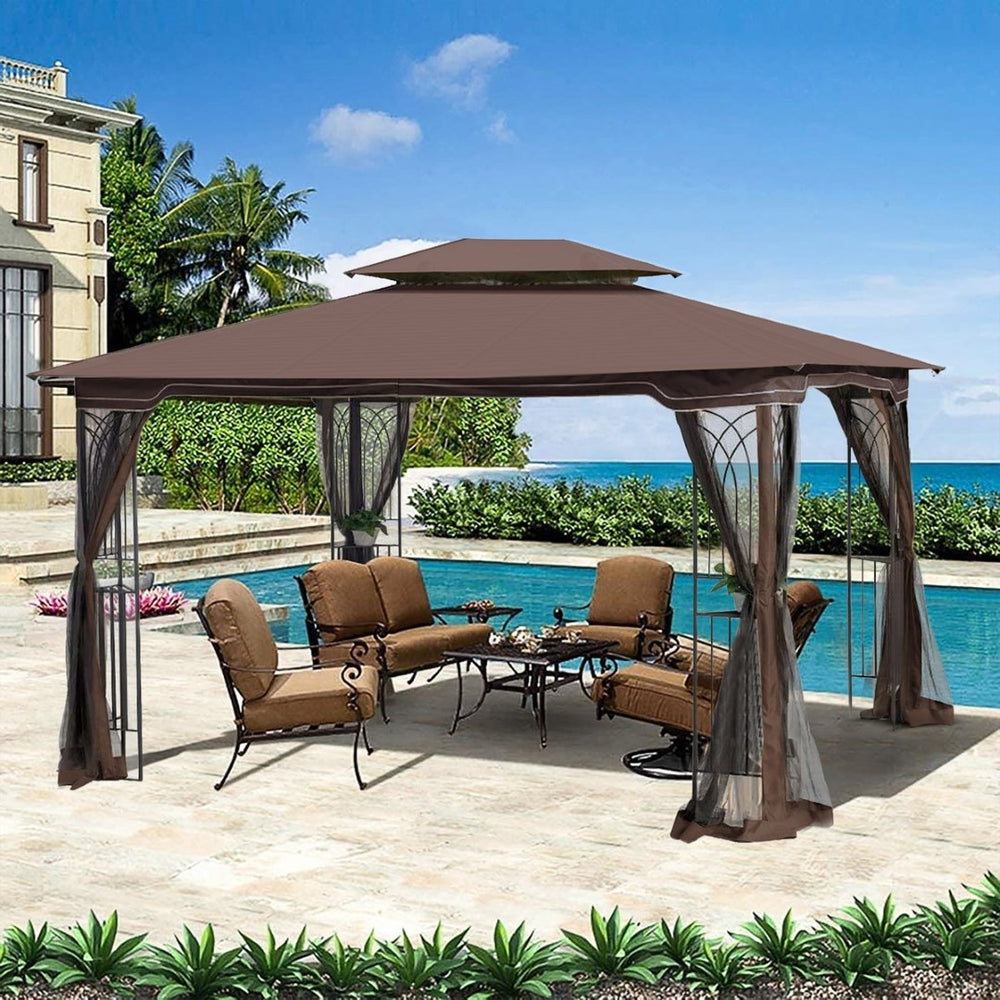 English Elm 13x10 Outdoor Gazebo Steel Frame Dual Roof Canopy with Removable Mesh Screen Panels W41933760