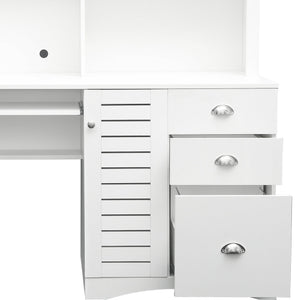 English Elm Home Office Computer Desk with Hutch Antiqued White | Spacious Storage, Cable Grommets, Waterproof Surface W331S00041