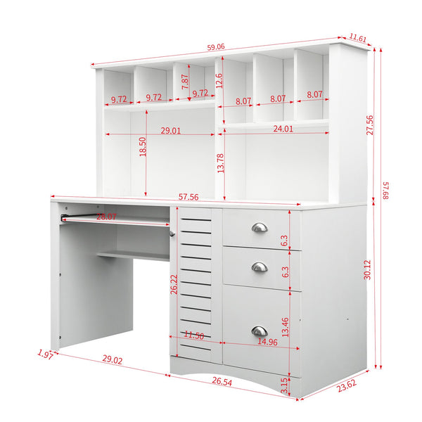 English Elm Home Office Computer Desk with Hutch Antiqued White | Spacious Storage, Cable Grommets, Waterproof Surface W331S00041