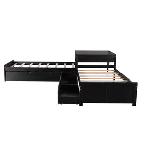 Hearth and Haven Nebulize Twin Size L-shaped Platform Bed with Trundle and Drawers Linked with Built-in Desk, Espresso SM000916AAP