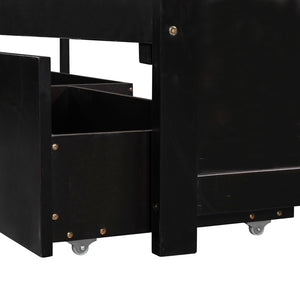 English Elm L-shaped Pine Platform Bed with Trundle, Built-in Desk and Drawers for Space-Saving Triple Sleep Espresso SM000916AAP-1