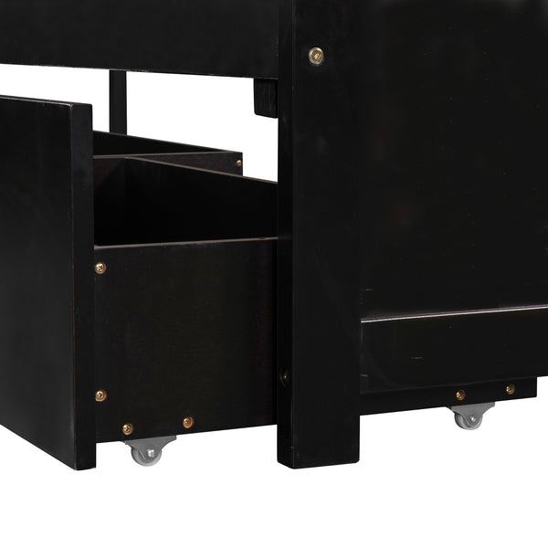 English Elm L-shaped Pine Platform Bed with Trundle, Built-in Desk and Drawers for Space-Saving Triple Sleep Espresso SM000916AAP-1