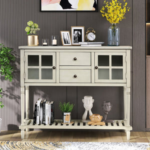 English Elm Trexm Farmhouse Buffet Cabinet with Glass Doors Drawers and Open Shelf Display WF193444AAE