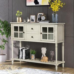 English Elm Trexm Farmhouse Buffet Cabinet with Glass Doors Drawers and Open Shelf Display WF193444AAE