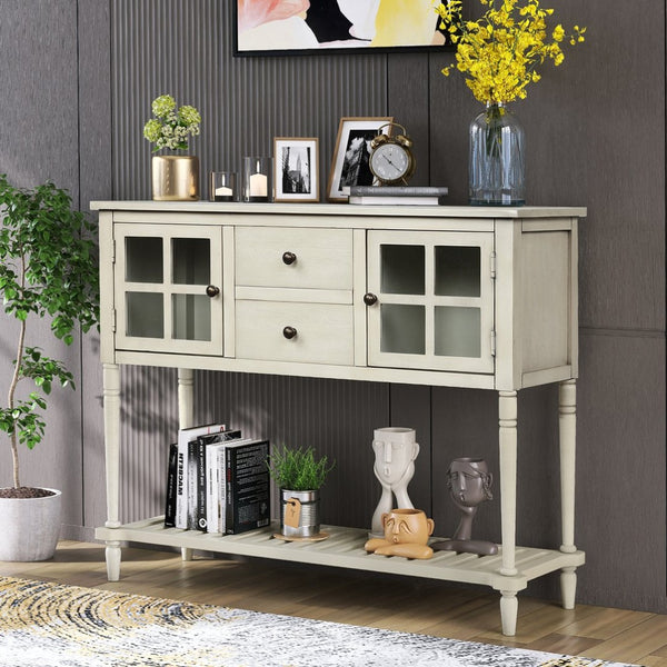 English Elm Trexm Farmhouse Buffet Cabinet with Glass Doors Drawers and Open Shelf Display WF193444AAE