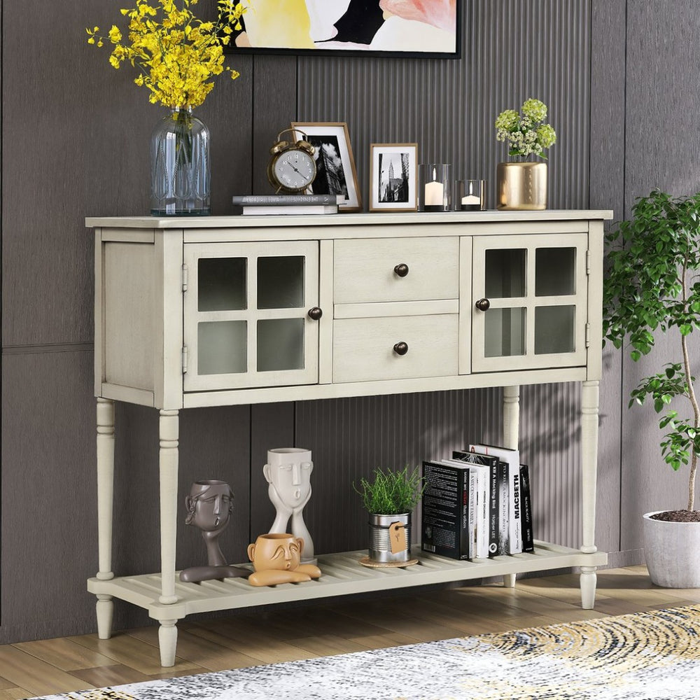 English Elm Trexm Farmhouse Buffet Cabinet with Glass Doors Drawers and Open Shelf Display WF193444AAE