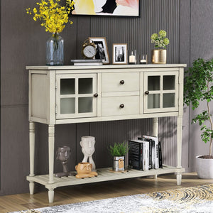 English Elm Trexm Farmhouse Buffet Cabinet with Glass Doors Drawers and Open Shelf Display WF193444AAE