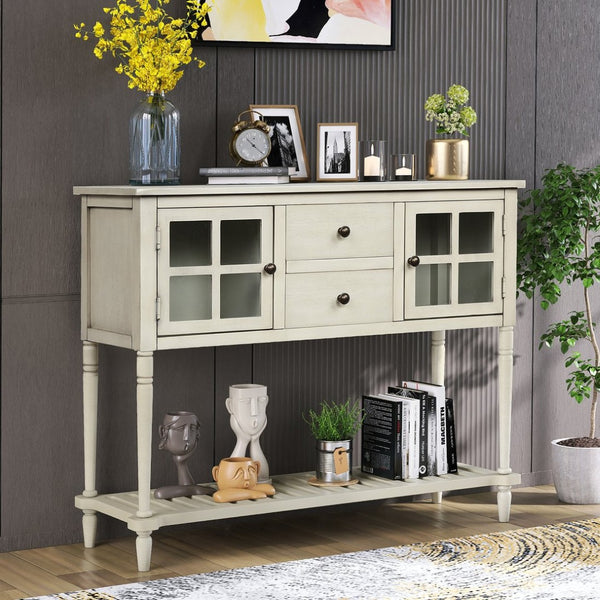 English Elm Trexm Farmhouse Buffet Cabinet with Glass Doors Drawers and Open Shelf Display WF193444AAE