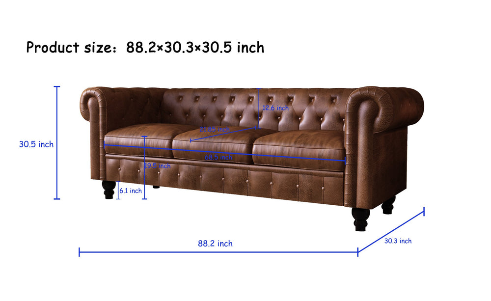 English Elm FX-P80P-PU3(SOFA) Elegant Button-Tufted 3-Seat PU Chesterfield Sofa with Removable Washable Cushions, Solid Wood Legs W576S00159