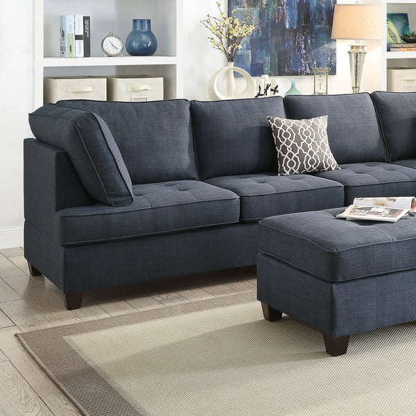 English Elm 2pc Dark Blue Dorris Fabric Sectional Sofa with Reversible Chaise, Tufted Seats, Pillows & Solid Wood Legs HS00F6989-ID-AHD