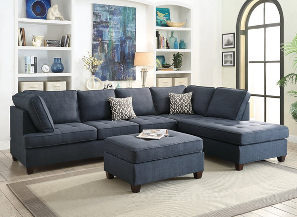 English Elm 2pc Dark Blue Dorris Fabric Sectional Sofa with Reversible Chaise, Tufted Seats, Pillows & Solid Wood Legs HS00F6989-ID-AHD
