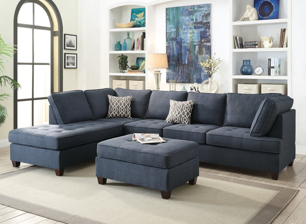 English Elm 2pc Dark Blue Dorris Fabric Sectional Sofa with Reversible Chaise, Tufted Seats, Pillows & Solid Wood Legs HS00F6989-ID-AHD