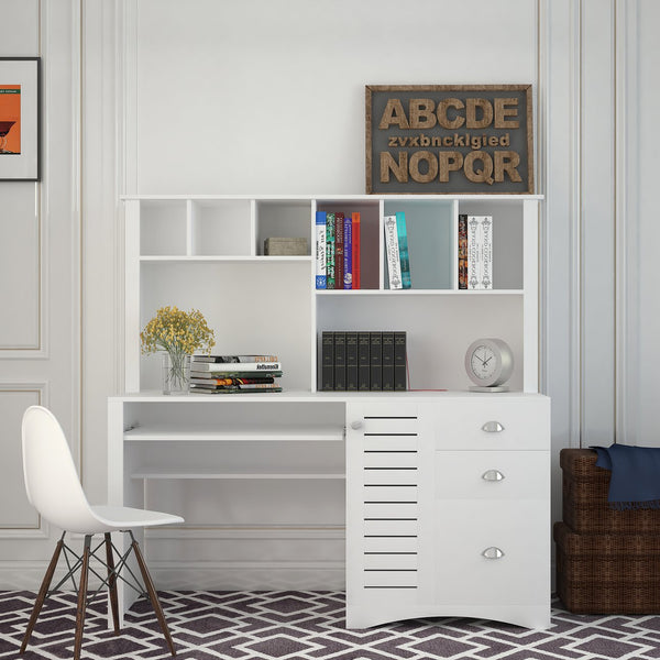 English Elm Home Office Computer Desk with Hutch Antiqued White | Spacious Storage, Cable Grommets, Waterproof Surface W331S00041