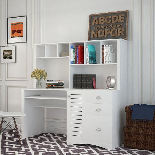 English Elm Home Office Computer Desk with Hutch Antiqued White | Spacious Storage, Cable Grommets, Waterproof Surface W331S00041