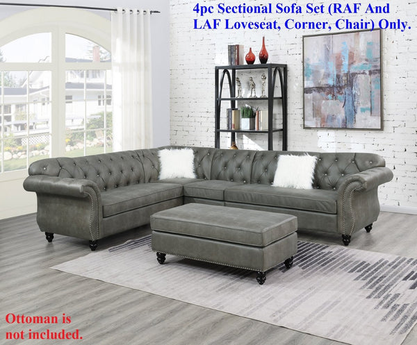 English Elm Living Room Four Piece Leatherette Sectional with Diamond Tufting and Scrolled Arms HS00F6438-ID-AHD