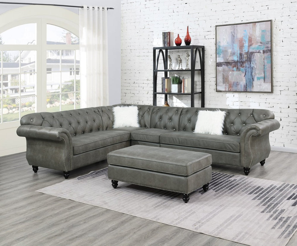 English Elm Living Room Four Piece Leatherette Sectional with Diamond Tufting and Scrolled Arms HS00F6438-ID-AHD