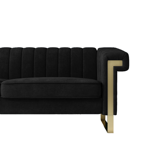 English Elm FX-P81-BK2 Modern Chesterfield Sofa Velvet Upholstery with Gold Metal Legs and Channel Tufting Elegance Black W576S00096