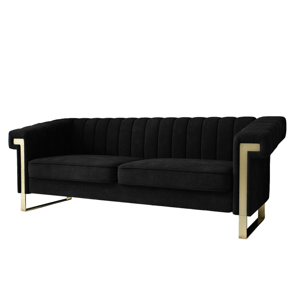 English Elm FX-P81-BK2 Modern Chesterfield Sofa Velvet Upholstery with Gold Metal Legs and Channel Tufting Elegance Black W576S00096