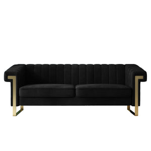 English Elm FX-P81-BK2 Modern Chesterfield Sofa Velvet Upholstery with Gold Metal Legs and Channel Tufting Elegance Black W576S00096