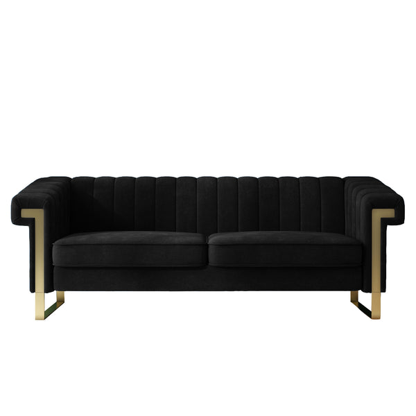 English Elm FX-P81-BK2 Modern Chesterfield Sofa Velvet Upholstery with Gold Metal Legs and Channel Tufting Elegance Black W576S00096
