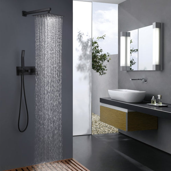 English Elm Trustmade Matte Black 12" Rain Shower System Wall-Mounted Brass Mixer with Handheld, Rough-In Valve Included TMSF12LYJ-2W01MB