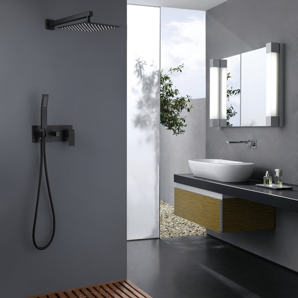 English Elm Trustmade Matte Black 12" Rain Shower System Wall-Mounted Brass Mixer with Handheld, Rough-In Valve Included TMSF12LYJ-2W01MB