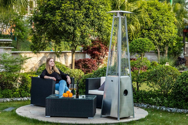 English Elm Quartz Patio Heater with 40,000 BTU Visual Flame, Quartz Glass Tube, Wheels, Safety Features Silver HYMY-CAPH-GT-SS