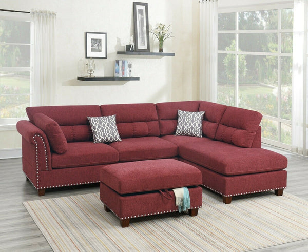 English Elm Sectional Paprika Red Velvet 3-Piece Sofa with Reversible Chaise, Ottoman, Nickel Studs, Pillows HS00-F6419