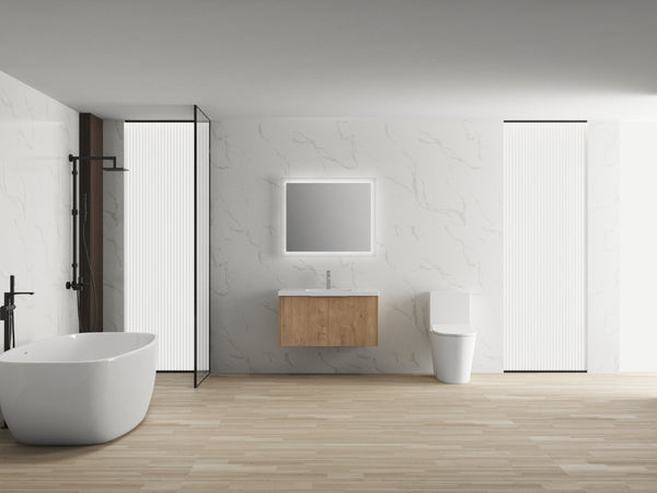English Elm Modern 36-Inch Floating Bathroom Vanity with Resin Sink, Soft-Close Doors, Open Shelf, Eco Plywood Cabinetry W99950716