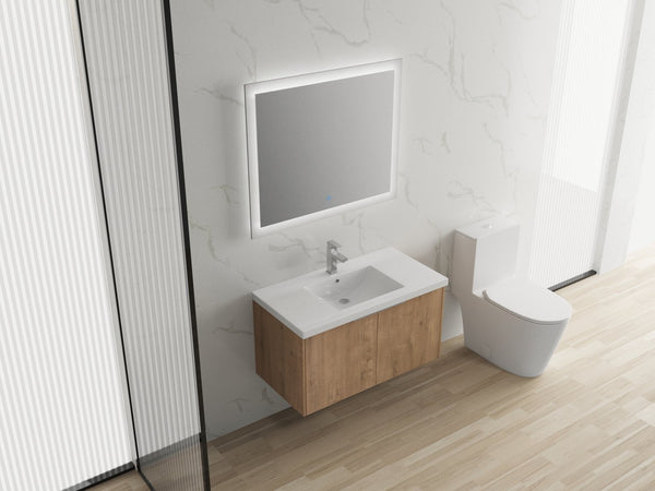 English Elm Modern 36-Inch Floating Bathroom Vanity with Resin Sink, Soft-Close Doors, Open Shelf, Eco Plywood Cabinetry W99950716