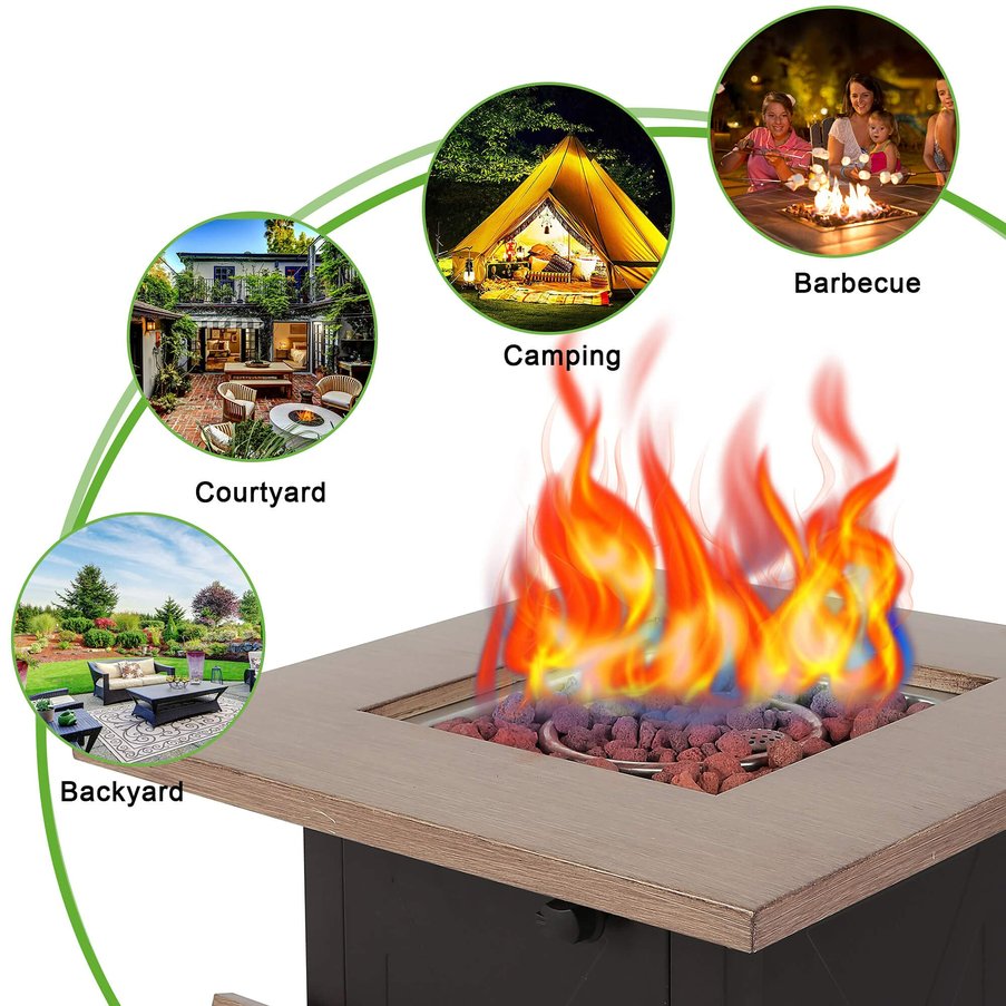 English Elm 28inch Square Outdoor Gas Fire Pit Table 48,000 BTU Propane Patio Heater ETL Bionic Wood Lid HYMY-CDF-WMGB28-X