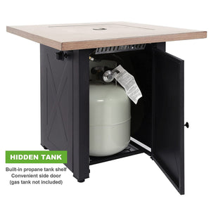 English Elm 28inch Square Outdoor Gas Fire Pit Table 48,000 BTU Propane Patio Heater ETL Bionic Wood Lid HYMY-CDF-WMGB28-X