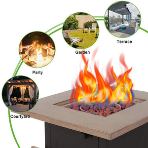 English Elm 28inch Square Outdoor Gas Fire Pit Table 48,000 BTU Propane Patio Heater ETL Bionic Wood Lid HYMY-CDF-WMGB28-X
