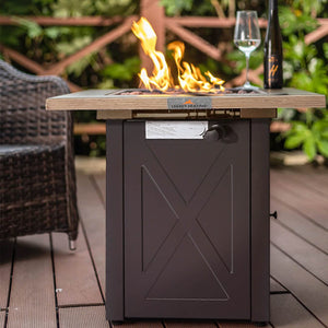 English Elm 28inch Square Outdoor Gas Fire Pit Table 48,000 BTU Propane Patio Heater ETL Bionic Wood Lid HYMY-CDF-WMGB28-X