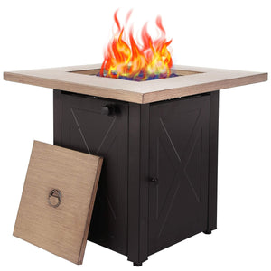 English Elm 28inch Square Outdoor Gas Fire Pit Table 48,000 BTU Propane Patio Heater ETL Bionic Wood Lid HYMY-CDF-WMGB28-X