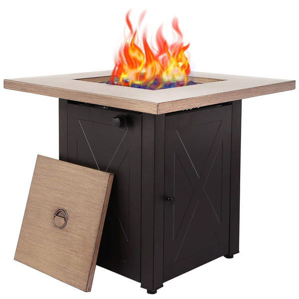 English Elm 28inch Square Outdoor Gas Fire Pit Table 48,000 BTU Propane Patio Heater ETL Bionic Wood Lid HYMY-CDF-WMGB28-X