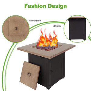 English Elm 28inch Square Outdoor Gas Fire Pit Table 48,000 BTU Propane Patio Heater ETL Bionic Wood Lid HYMY-CDF-WMGB28-X