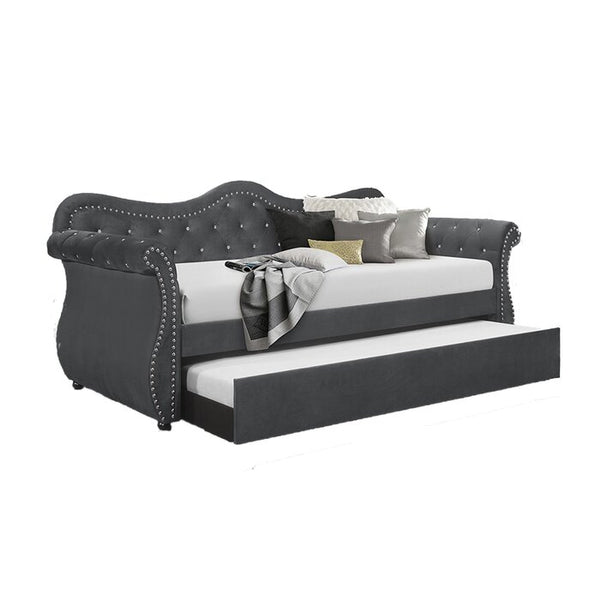 English Elm Abby Tufted Velvet Daybed with Trundle Gray — Hollywood tufted upholstery, nailhead trim, solid wood frame, luxe 808857766687