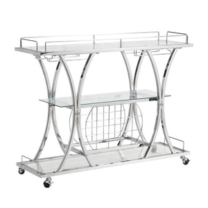 English Elm Contemporary Chrome Bar Cart with Glass Shelves Wine Rack and Rolling Casters GHNDT-BCT1003A