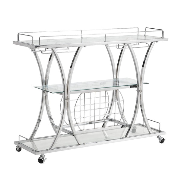English Elm Contemporary Chrome Bar Cart with Glass Shelves Wine Rack and Rolling Casters GHNDT-BCT1003A