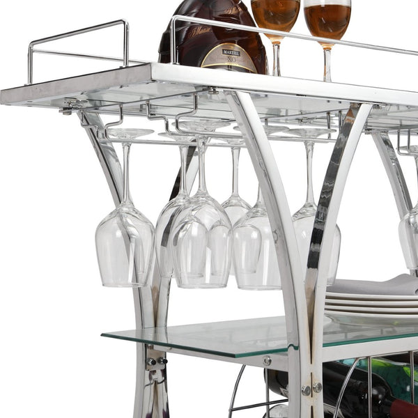 English Elm Contemporary Chrome Bar Cart with Glass Shelves Wine Rack and Rolling Casters GHNDT-BCT1003A
