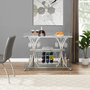 English Elm Contemporary Chrome Bar Cart with Glass Shelves Wine Rack and Rolling Casters GHNDT-BCT1003A