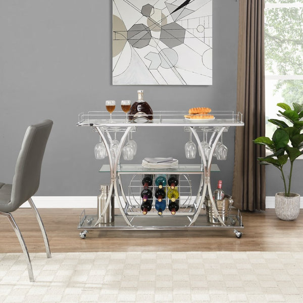English Elm Contemporary Chrome Bar Cart with Glass Shelves Wine Rack and Rolling Casters GHNDT-BCT1003A