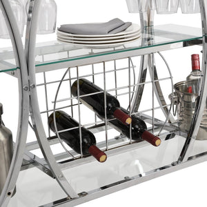 English Elm Contemporary Chrome Bar Cart with Glass Shelves Wine Rack and Rolling Casters GHNDT-BCT1003A