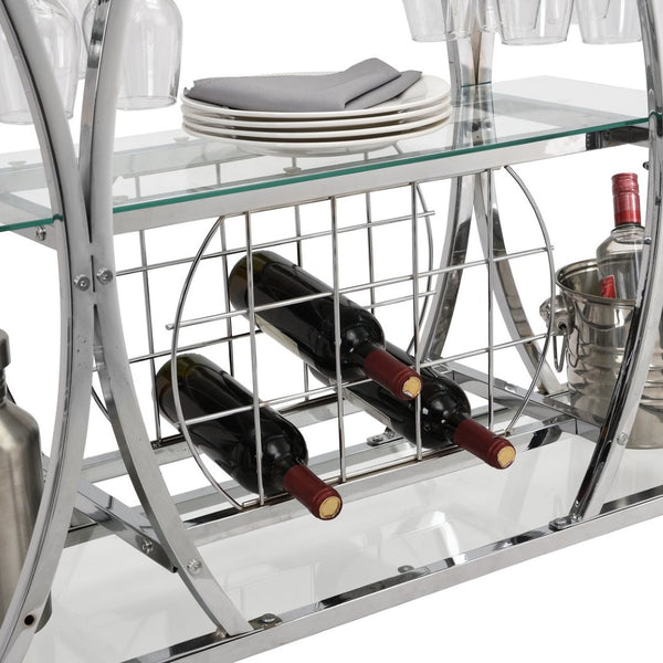 English Elm Contemporary Chrome Bar Cart with Glass Shelves Wine Rack and Rolling Casters GHNDT-BCT1003A