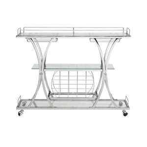 English Elm Contemporary Chrome Bar Cart with Glass Shelves Wine Rack and Rolling Casters GHNDT-BCT1003A