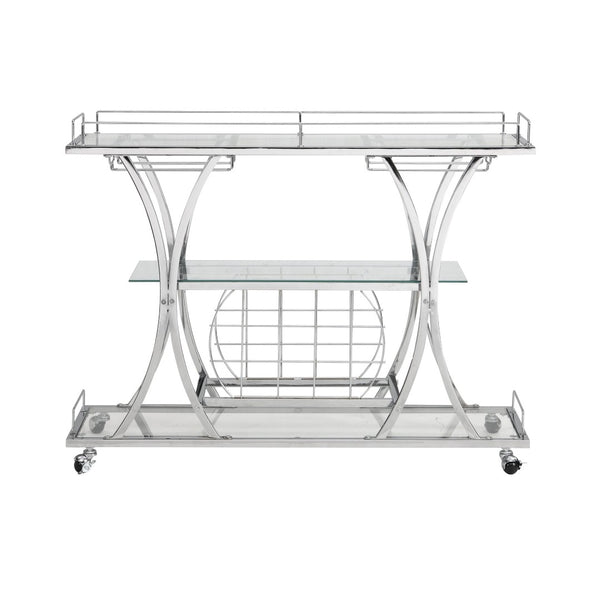 English Elm Contemporary Chrome Bar Cart with Glass Shelves Wine Rack and Rolling Casters GHNDT-BCT1003A