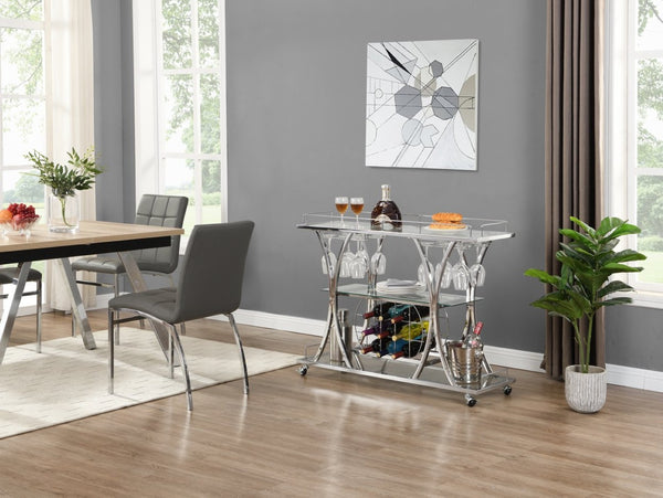 English Elm Contemporary Chrome Bar Cart with Glass Shelves Wine Rack and Rolling Casters GHNDT-BCT1003A