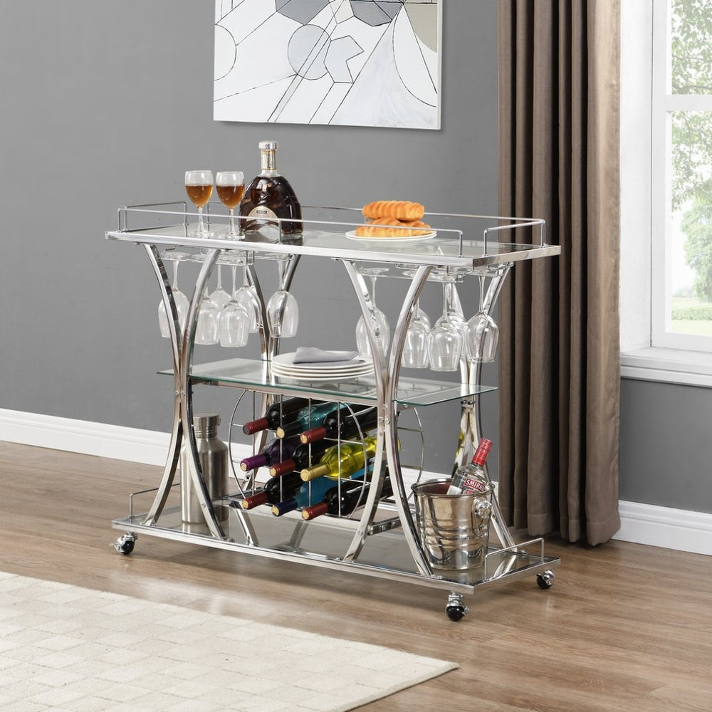 English Elm Contemporary Chrome Bar Cart with Glass Shelves Wine Rack and Rolling Casters GHNDT-BCT1003A